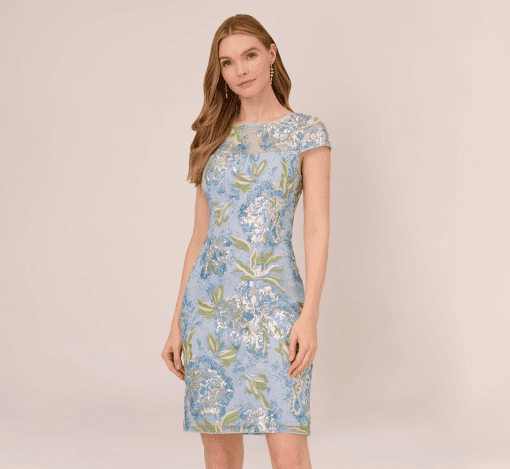 Adrianna papell Sequin Floral Embroidered Sheath Dress with Cap Sleeves in Blue Green Multi 4