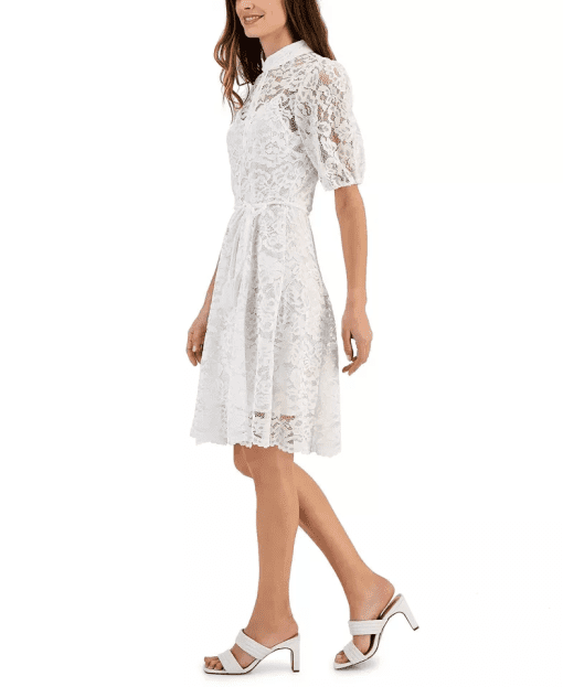 Tahari Petite Lace Belted Fit & Flare Dress - Ivory 14P withe - Image 3