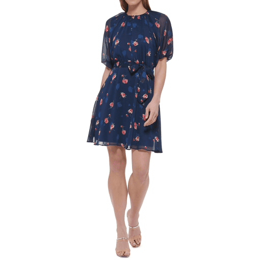 Dkny Women's Elbow Sleeve Crew Neck Printed Chiffon Tie Waist Dress, 6