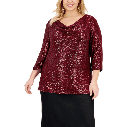 Alex Evenings Plus Size Sequin Cowl Neck Tunic - Wine Red 3X - Image 2