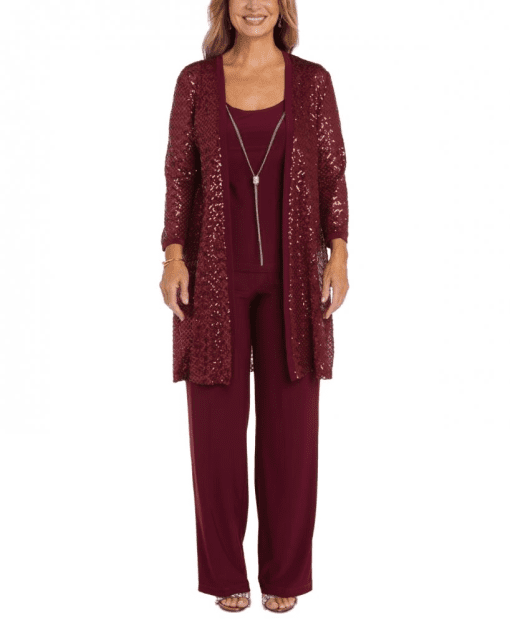 R & M Richards Women's 3Pc 3 4 Sleeve Sequin Jacket Over Ity Pant Set, 12