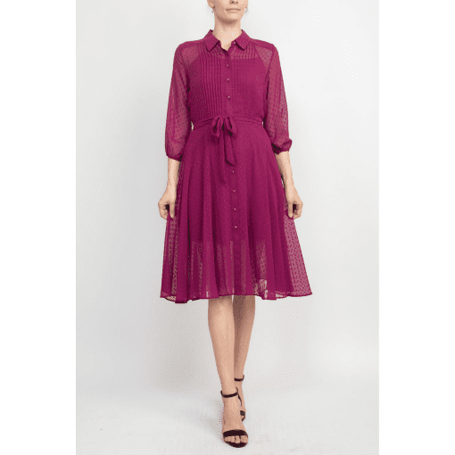 Nanette Lepore Collared 3-4 Sleeve Button Down Tie Waist Illusion Chiffon Dress-BALI ORCHARD / 8