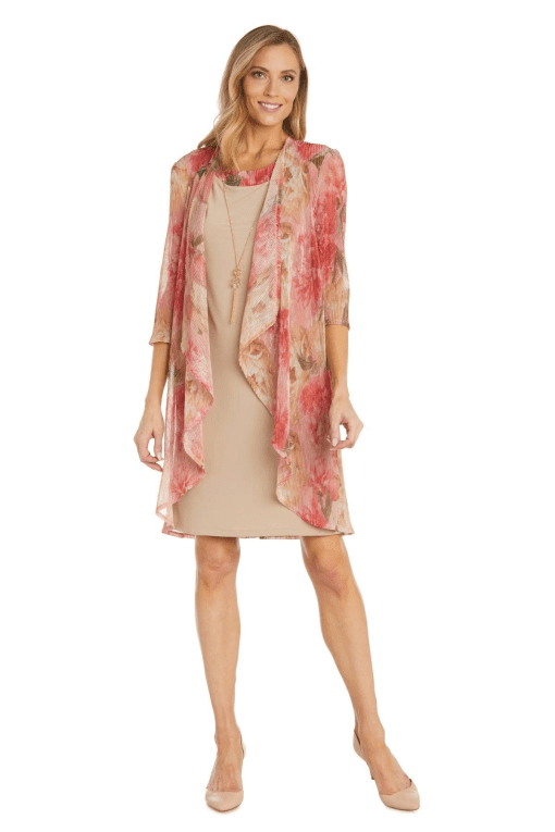 R & M Richards Petite Floral-Duster Necklace-Embellished Dress - Coral Blush 12P