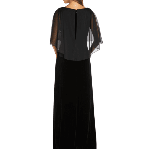 & M Richards Women's 1Pc Velvet and Chiffon Side Drape Cowl Neck Caplet Long Dress, Black, 6P - Image 2