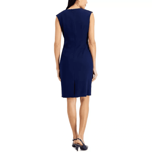 Kasper Women's Stretch Crepe Split Neck Sheath Dress, Navy Blue, 4 - Image 2