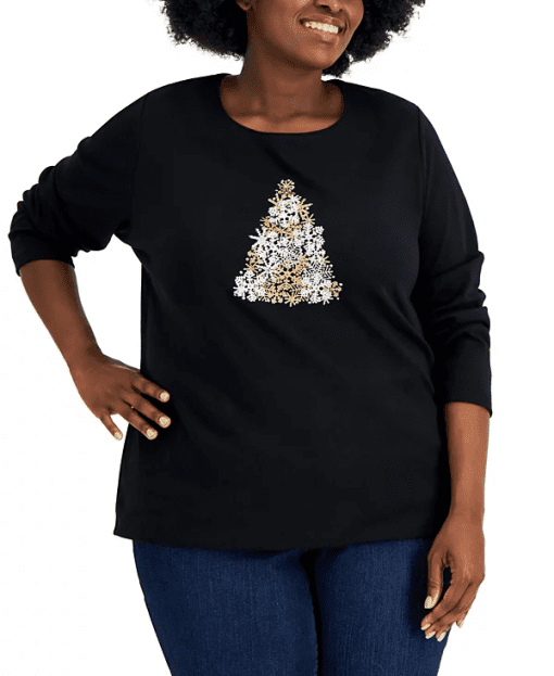 Karen Scott Plus Size Snowflake-Tree Graphic Top, Created for Macy's - Deep Black 1X