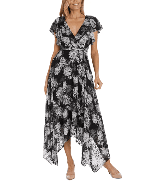 Nightway Women's Black Ground Floral Print W Mock Wrap Bodice Tie Waist Flutter Sleeves and Hanky Hem, 4