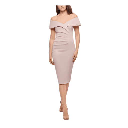 X by Xscape Womens Pink Zippered Ruched Pleated Lined Flutter Sleeve Off Shoulder Knee Length Party Sheath Dress 4