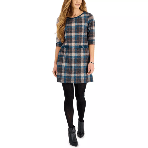 Connected Petites Womens Plaid Short Shift Dress 8P