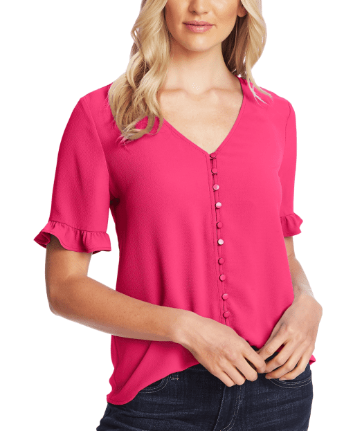 CeCe Women's Short Ruffled-Sleeve Button Down Blouse - Bright Rose XS