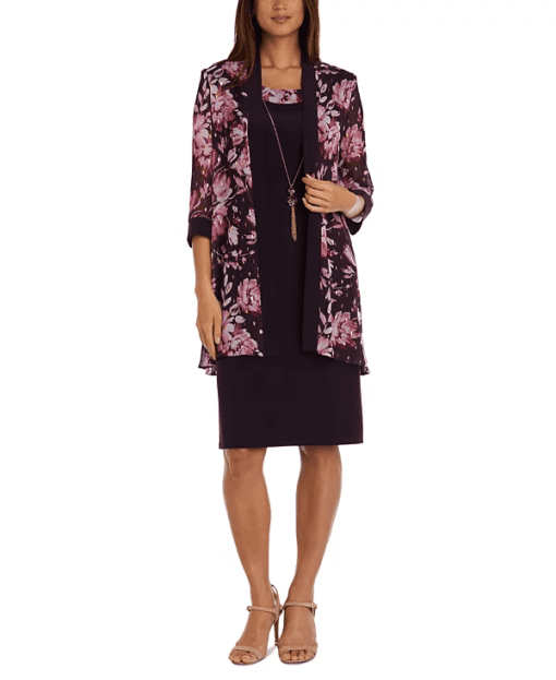 R & M Richards Petite Floral Open-Front Jacket & Necklace Dress - Eggplant 12