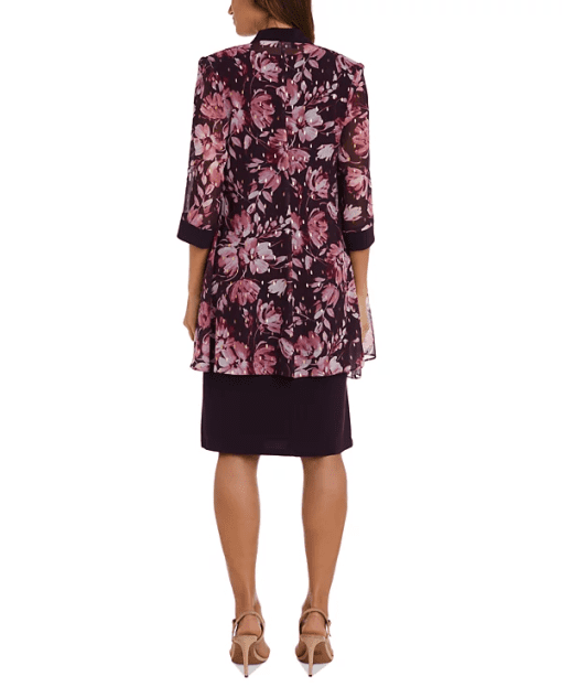 R & M Richards Petite Floral Open-Front Jacket & Necklace Dress - Eggplant 12 - Image 2