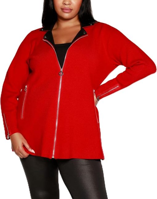 Belldini Black Label Plus Size Moto Sweater Jacket - Belldini Red, Black 3X