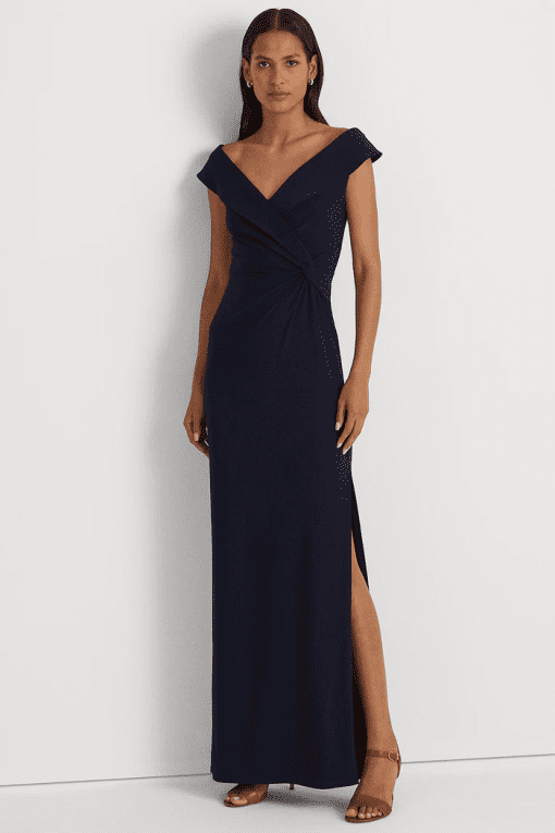 Lauren Ralph Lauren Women's Jersey Off-the-Shoulder Side-Slit Column Gown - Lighthouse Navy 16