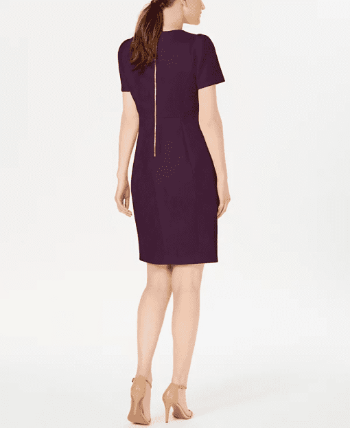 Calvin Klein Womens Purple Unlined Shirred-shoulder Gold Tone Zippe Short Sleeve Jewel Neck Short Wear to Work Sheath Dress 4 - All - Image 2