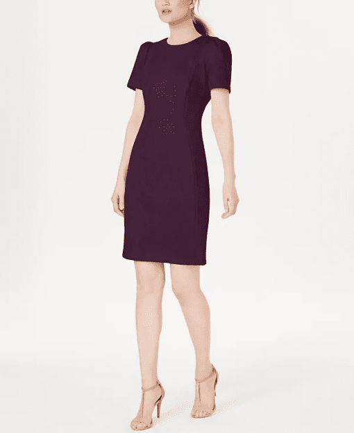 Calvin Klein Womens Purple Unlined Shirred-shoulder Gold Tone Zippe Short Sleeve Jewel Neck Short Wear to Work Sheath Dress 4 - All