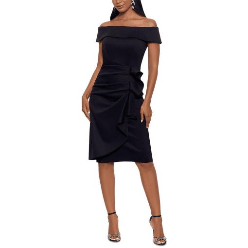 XSCAPE Black Off-Shoulder Ruffle Midi Dress - Size 6 - Cocktail Dress