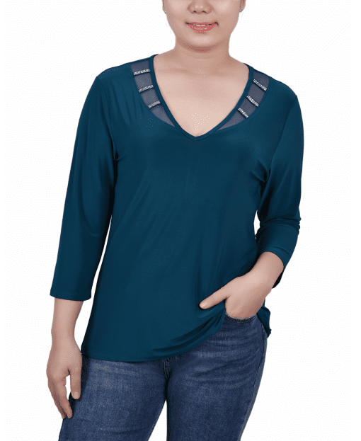 Ny Collection Petite 3/4 Sleeve Top with Illusion Neckline and Stones - Fanfare size s