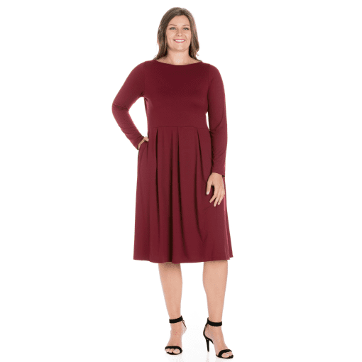 24seven Women's Plus Size Fit and Flare MIDI Dress - Wine 2X