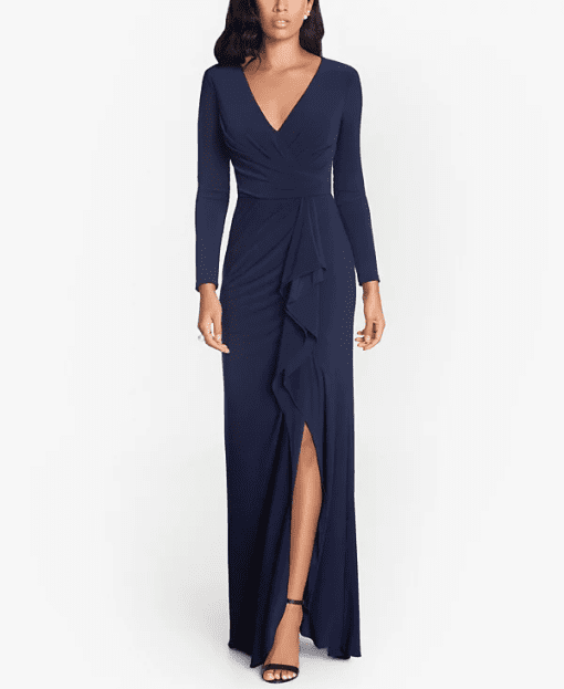 Betsy & Adam Navy Petite Slit Gown - Formal Dresses Size 2P