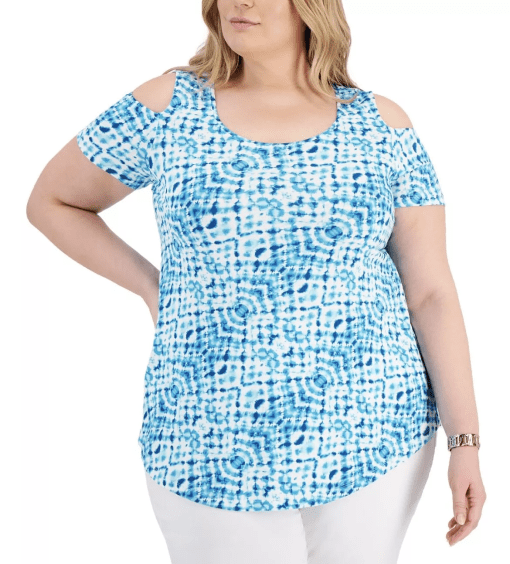 Jm Collection Plus Size Printed Cold-Shoulder Top, Created for Macy's - Seafoam Blue Combo 3X