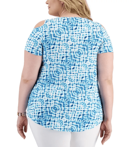 Jm Collection Plus Size Printed Cold-Shoulder Top, Created for Macy's - Seafoam Blue Combo 3X - Image 2