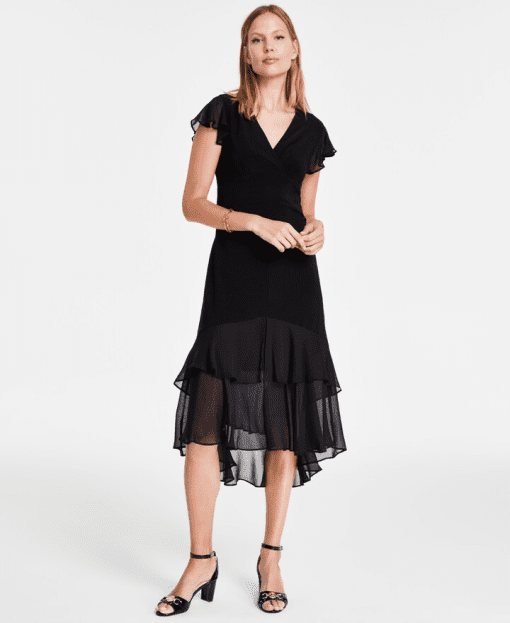 Tommy Hilfiger Women's V-Neck How-Low Hem Chiffon-Trim Dress - Black 4 - Image 4