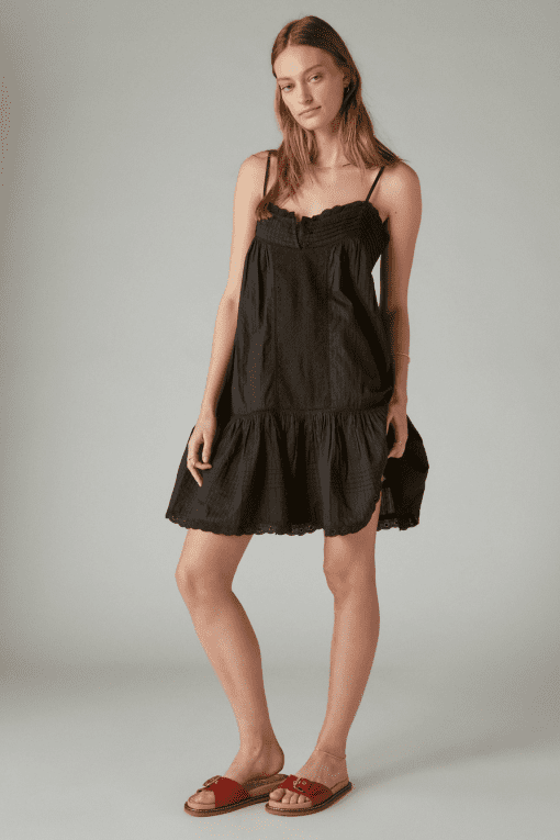 Lucky Brand Drop Waist Embroidered Mini Dress - Women's Clothing Dresses Mini Dress in Caviar, Size M