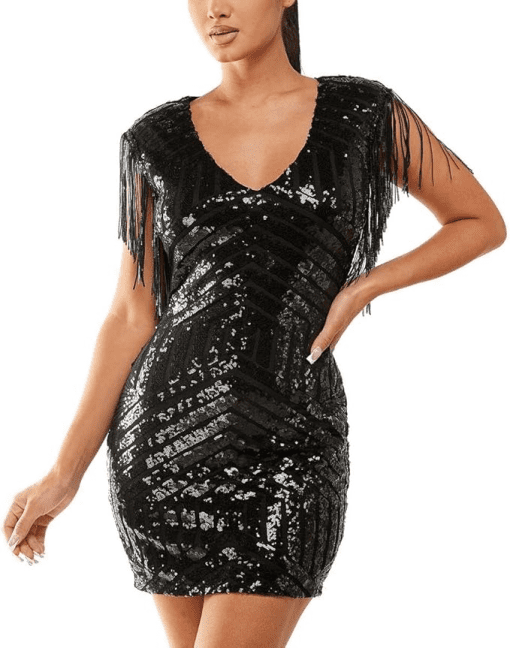 City Studio Juniors Womens Fringe Trim Sequined Cocktail and Party Dress black 9/10