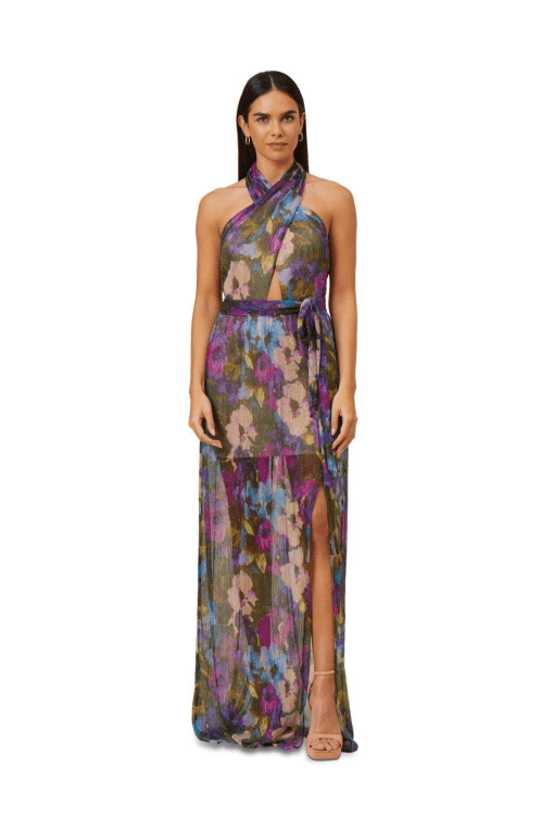 Aidan Mattox Floral Halter Maxi Dress - Purple - Size 10 - Evening Gown