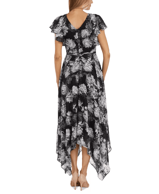 Nightway Women's Black Ground Floral Print W Mock Wrap Bodice Tie Waist Flutter Sleeves and Hanky Hem, 4 - Image 2