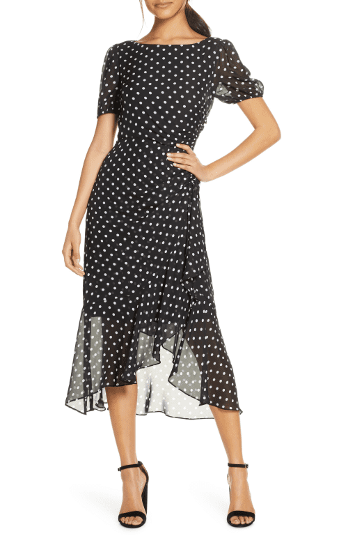 JULIA JORDAN Womens Black Gathered Sheer Lined Polka Dot Pouf Sleeve Boat Neck Maxi Wear to Work Hi-Lo Dress 12 - Image 2