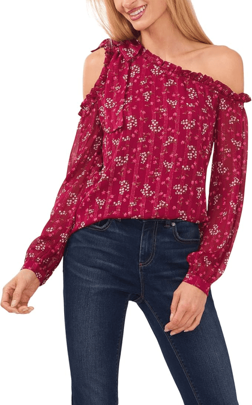 CeCe Floral Off-Shoulder Blouse, Berry, Size S, Women's Tops