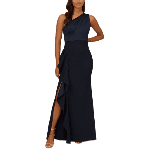 Adrianna Papell One-Shoulder Long Satin Crepe Mermaid Gown in Dark Navy Size 2