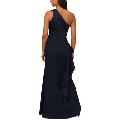 Adrianna Papell One-Shoulder Long Satin Crepe Mermaid Gown in Dark Navy Size 2 - Image 2