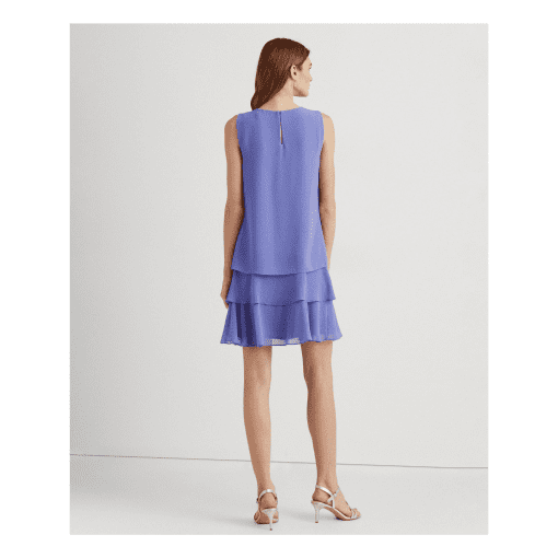 RALPH LAUREN Womens Blue Ruffled Darted Tiered Lined Keyhole Back Sleeveless Round Neck Above the Knee Shift Dress 10 - Image 2