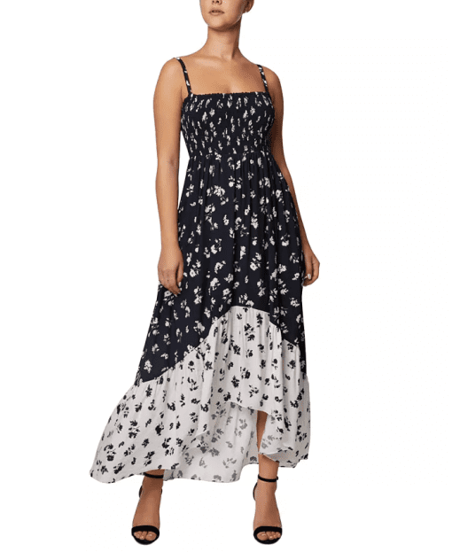 LAUNDRY Womens Black Smocked Adjustable Partially Lined Pleated Floral Spaghetti Strap Square Neck Maxi Hi-Lo Dress 10