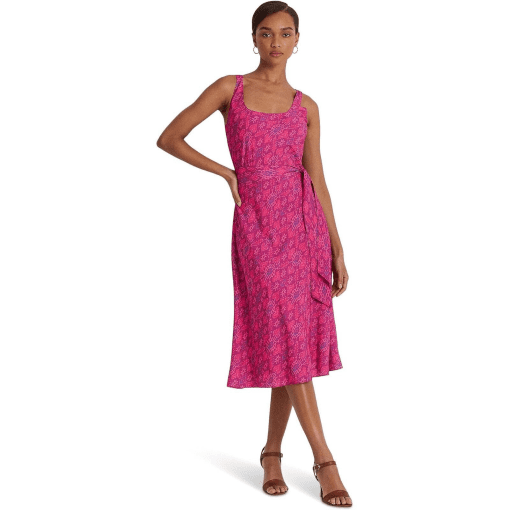 Lauren Ralph Lauren Women's Geo Print Belted Crepe MIDI Dress, Fuchsia, 10