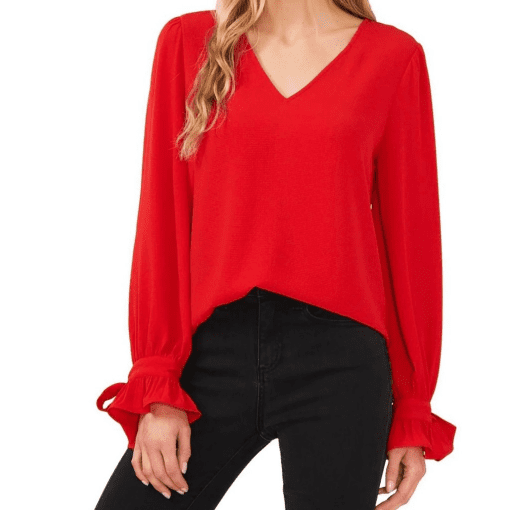 CeCe Women's Solid Long Sleeve V-Neck Tie-Cuff Blouse - Luminous Red size S