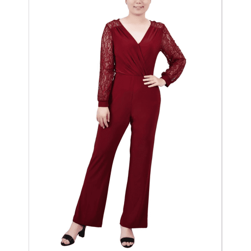 NY Collection Burgundy Lace Jumpsuit Plus Size Women's Clothing