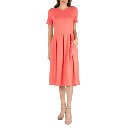 24sevenw Comfort Apparel Maternity MIDI Dress with Short Sleeve and Pocket Detail - Coral M