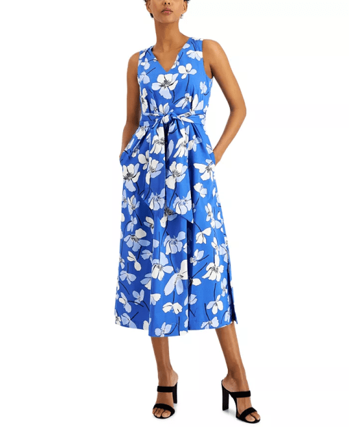 Anne Klein Plus Size Floral-Print MIDI Dress - Bllue Lapis Combo Size XXL