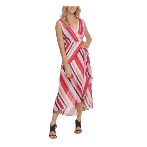 Dkny Womens Pink Gathered Striped Sleeveless V Neck Tea-Length Sheath Dress 6