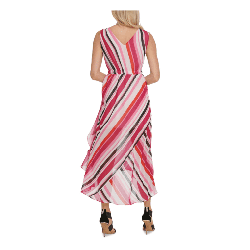 Dkny Womens Pink Gathered Striped Sleeveless V Neck Tea-Length Sheath Dress 6 - Image 2