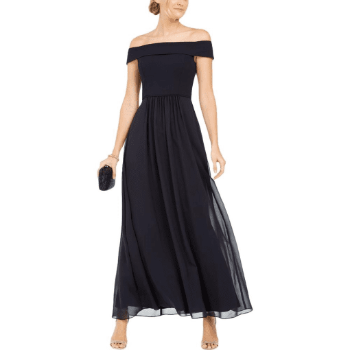 Adrianna Papell Off-the-Shoulder Chiffon Gown - Midnight Navy Blue 8