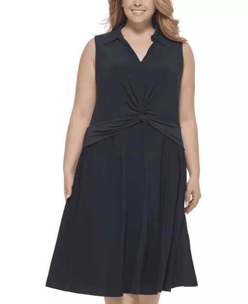 TOMMY HILFIGER Womens Navy Twist Front Pullover Sleeveless V Neck Below the Knee Fit + Flare Dress Plus 20W - Image 3