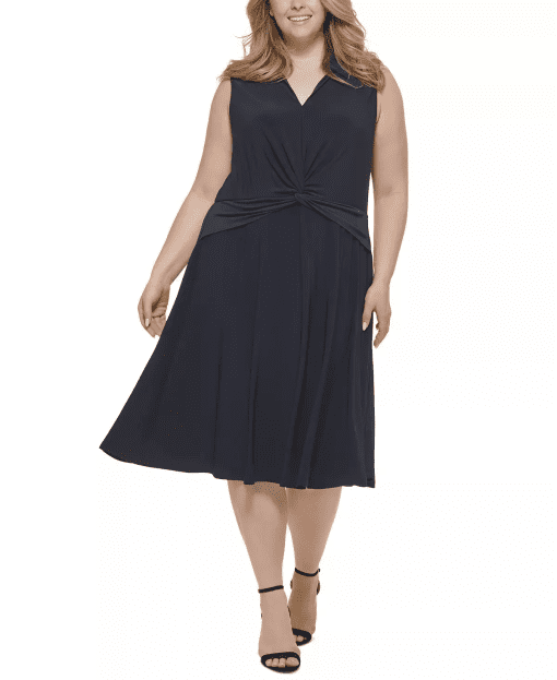 TOMMY HILFIGER Womens Navy Twist Front Pullover Sleeveless V Neck Below the Knee Fit + Flare Dress Plus 20W