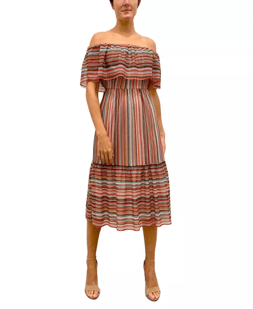 Sam Edelman Women's Off Shoulder Stripe Hem MIDI Dress, 4