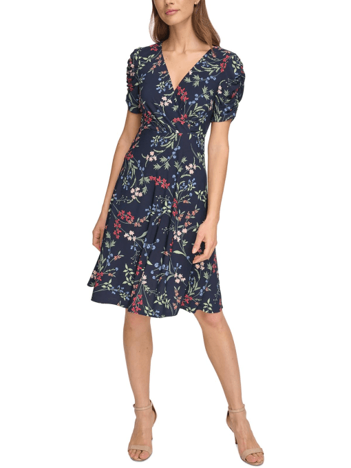 Tommy Hilfiger Floral Ruche Empire Waist Fit-and-Flare (Sky Captain/Blue) Women's Dress 6