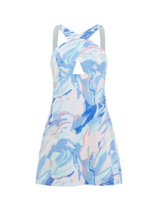 French Connection Women's Dalla Printed Cross-Over Neck Dress - Dalla Baja Blue Medium